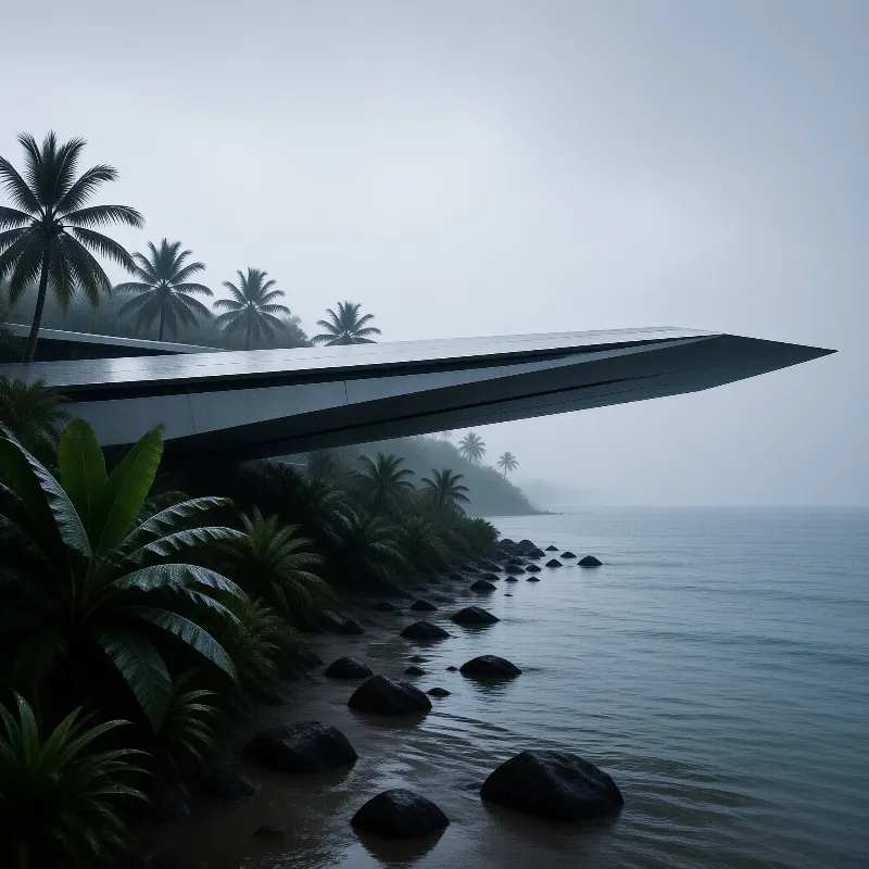 A sharp white concrete canopy stretches out over a foggy tropical shore lined with coconut palms and dark boulders.