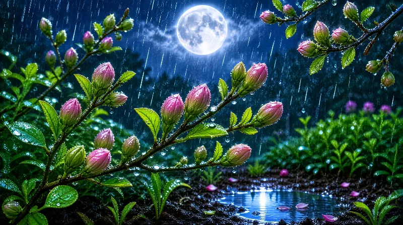 Night Rain and Full Moon with Flower Buds