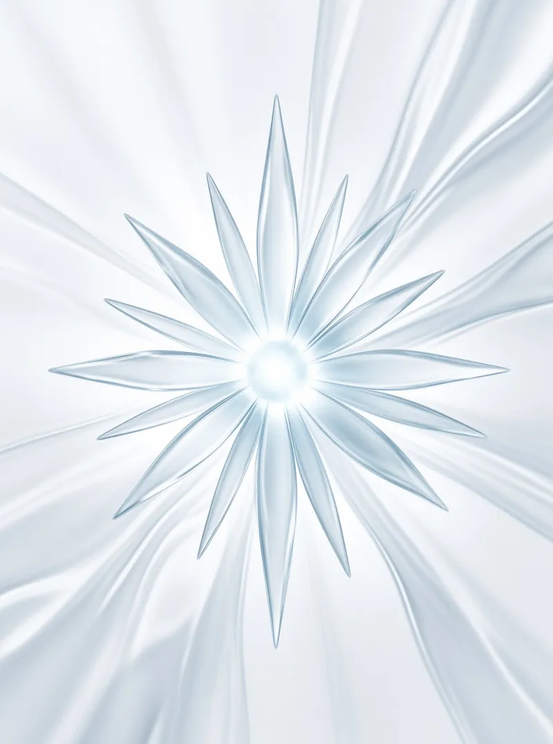 Translucent blue ice petals radiate outward from a glowing center on a soft pale background.