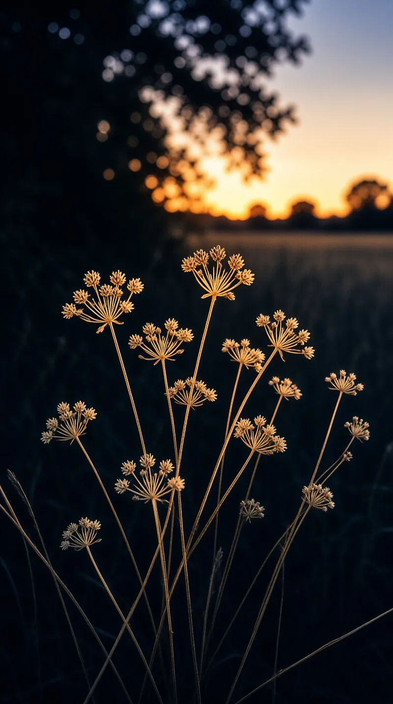 Tall dried plant stalks stand out in the foreground while the sun sets behind blurred trees.