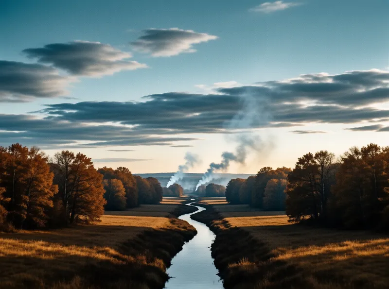 A winding waterway cuts across sunlit meadows bordered by orange foliage, with smoke drifting into the sky.
