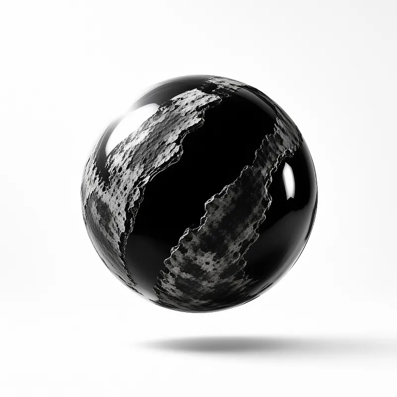 A glossy black sphere with a cracked rocky surface floats against a plain white background with soft shadows.