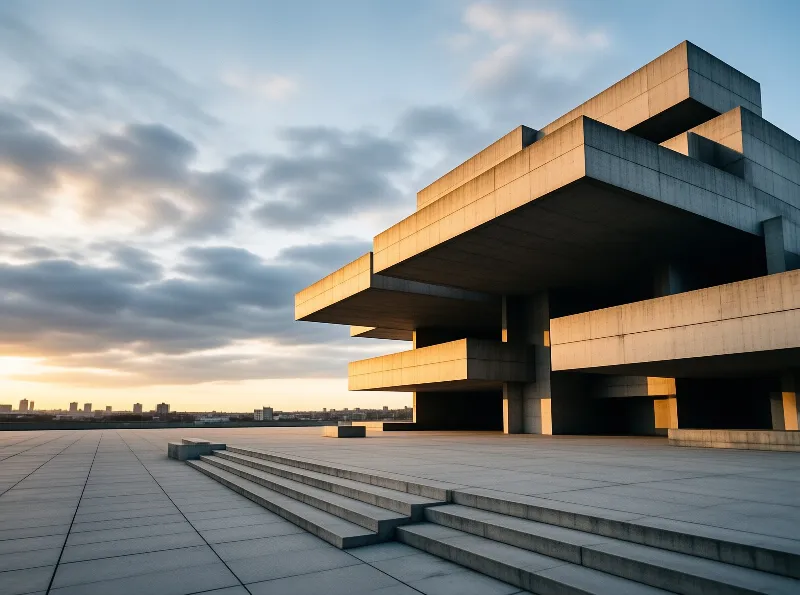 A large stacked concrete structure on a paved plaza illuminated by warm sunset light with a city skyline in the distance.