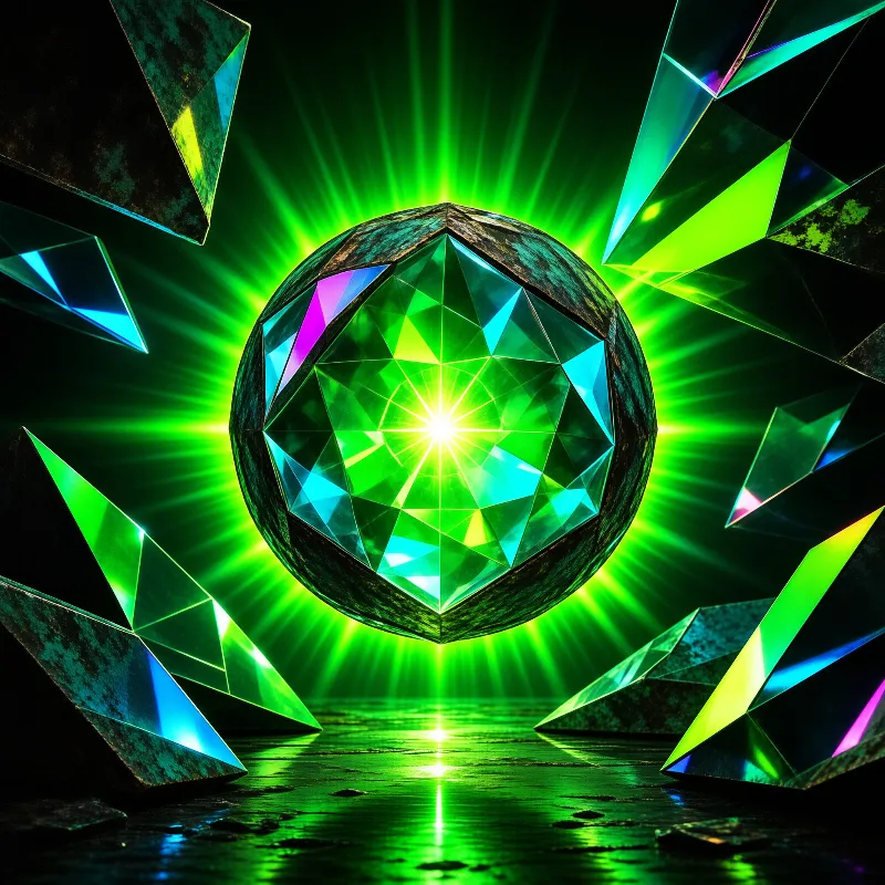 A jewel-like sphere of cut green crystal hovers over wet stone, shooting beams of emerald light between jagged dark shards.