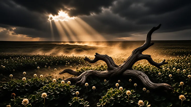 A gnarled piece of wood rests in a field of clover beneath piercing golden sunbeams cutting through dark clouds.