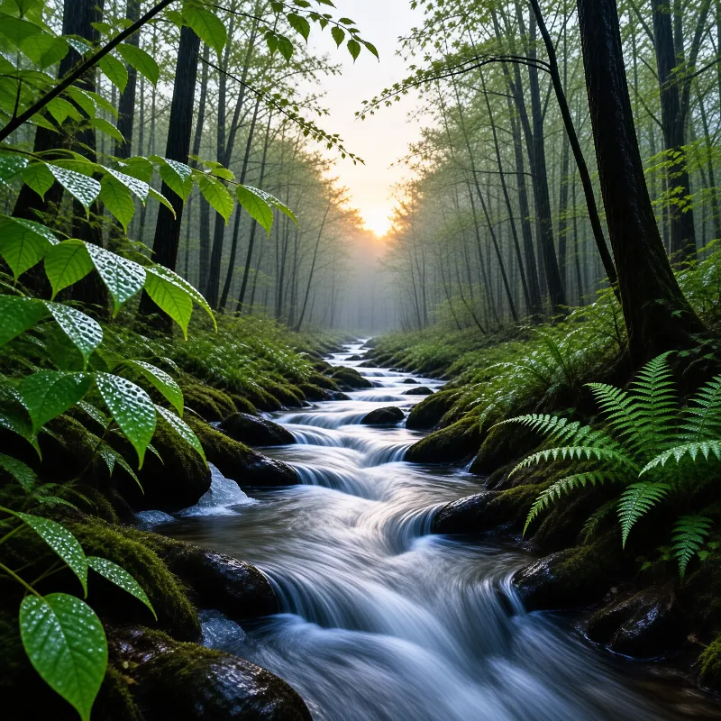 A misty forest landscape with a smooth stream flowing over mossy stones illuminated by soft golden sunlight in the distance.