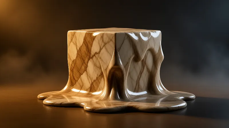 A glossy beige block with brown veins dissolves into a puddle on a dark surface illuminated by soft amber light.