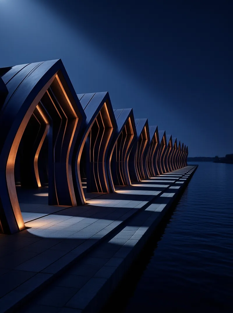 A long line of angular blue structures with glowing orange edges stands beside calm water at night.