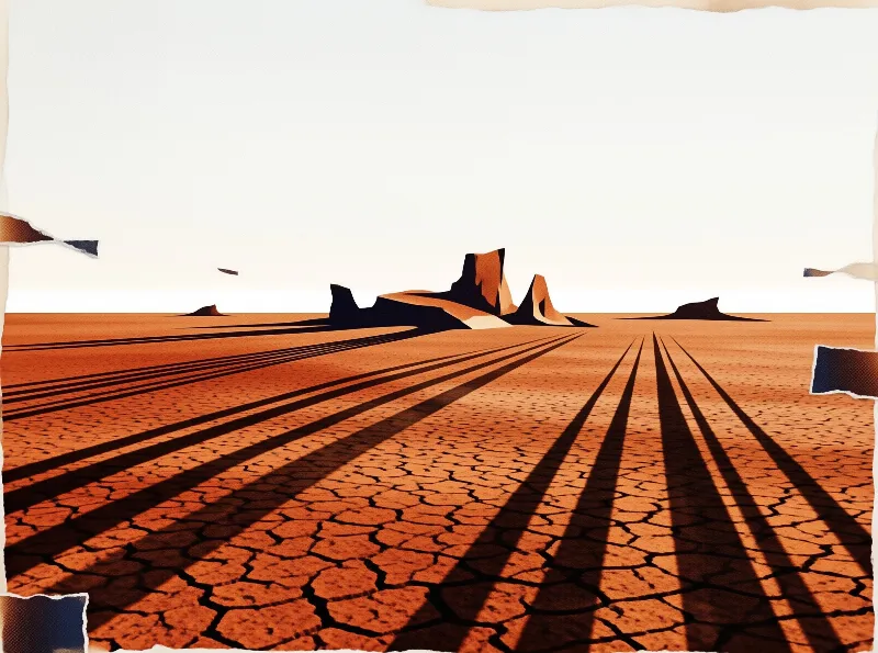 A stylized landscape of cracked dry ground in warm tones with long shadows stretching toward rocky outcrops.