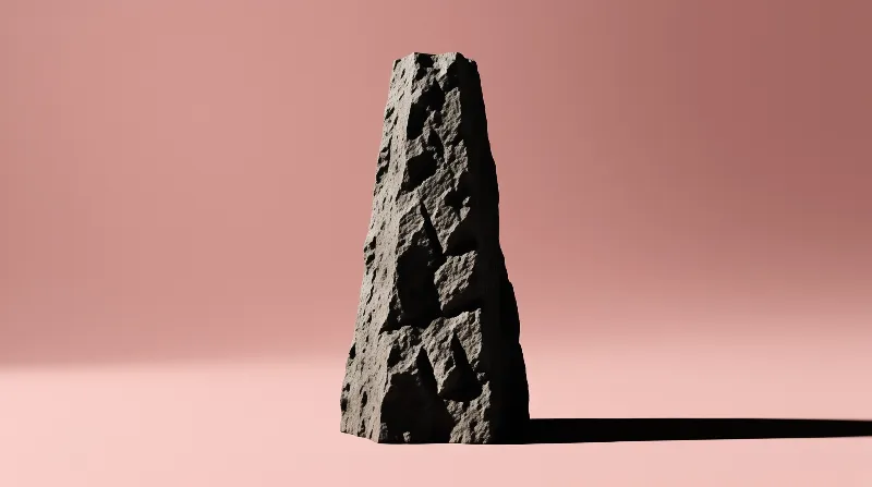 A rough dark object stands vertically against a smooth pink backdrop, casting a long sharp shadow to the right.