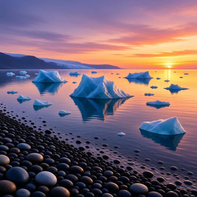 Icebergs drift in calm water near a black pebble shore under a pink and orange sunset sky with distant mountains.