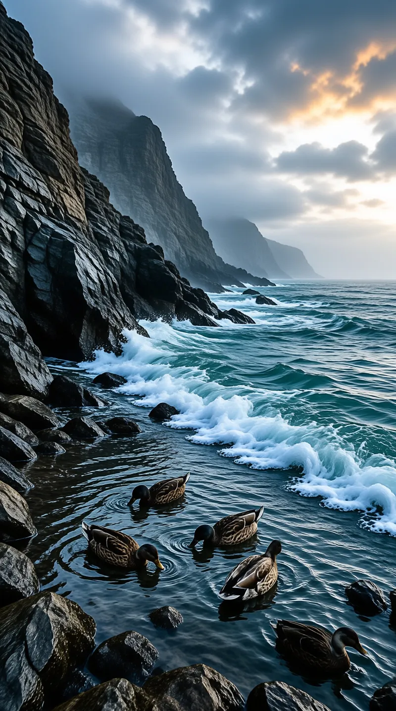 Several ducks swim calmly in shallow water near dark rocky cliffs as white waves crash under a dramatic sunset sky.