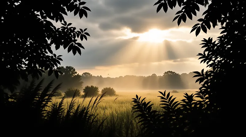 Sunlight Through Misty Field