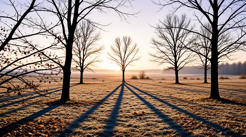 Leafless trees stand in a frosted field with the sun low on the horizon casting long dark shadows across the grass.