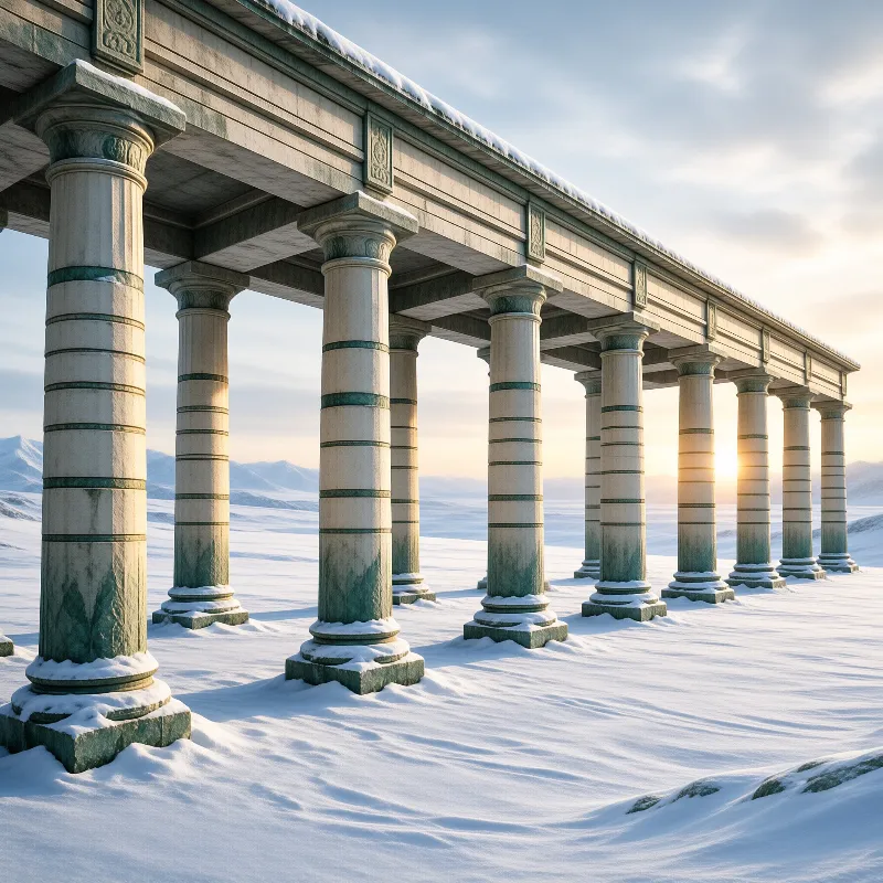 A row of weathered stone columns stands on a frozen landscape under soft morning sunlight.
