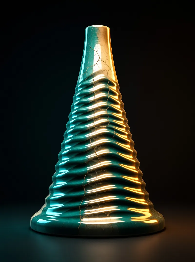 Glossy teal sculpture with a golden crack illuminated by contrasting blue and gold light against a dark background.
