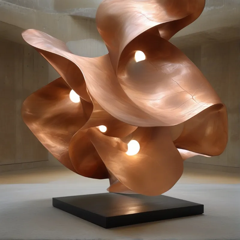 A large metallic sculpture resembling a flower glows from within in a concrete room.