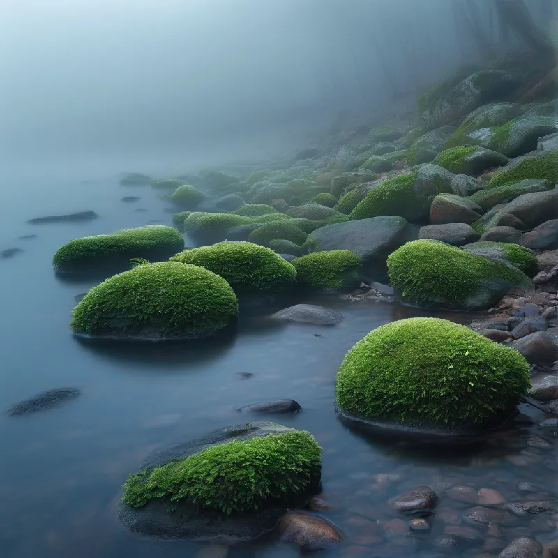 Large stones covered in bright green moss sit in clear blue water while thick fog obscures the background shoreline.