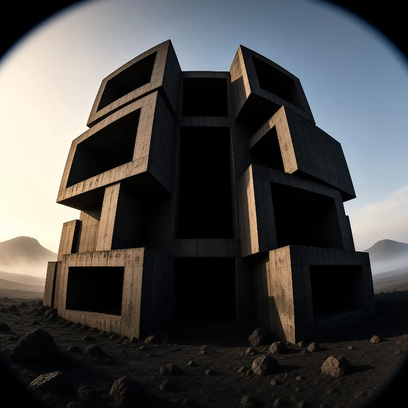 A concrete cube with deep square voids stands on dark boulders beneath a hazy sky and distant hills.