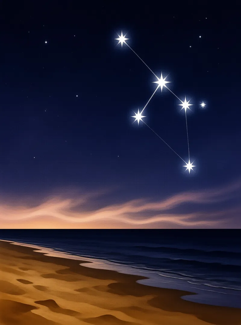 A pattern of bright stars connects across a deep blue sky above a sandy shore with pink twilight clouds near the water.