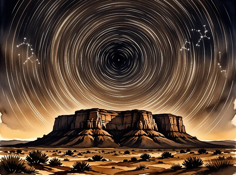 A large rock formation rises above desert scrub while long-exposure star trails circle the dark sky above it.