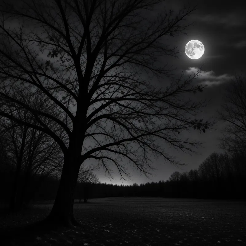 A massive leafless tree silhouette stretches toward a bright full moon hanging above a quiet snowy meadow.