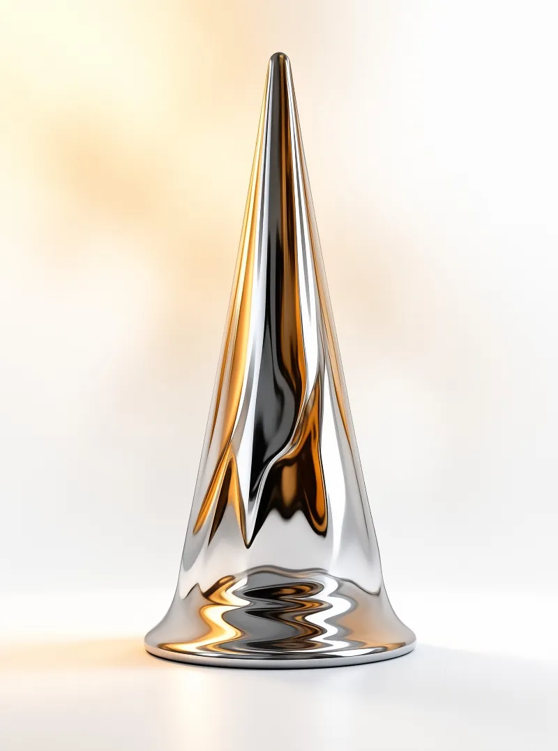 A twisted metallic cone sculpture stands on a white surface with warm golden reflections on its polished surface.
