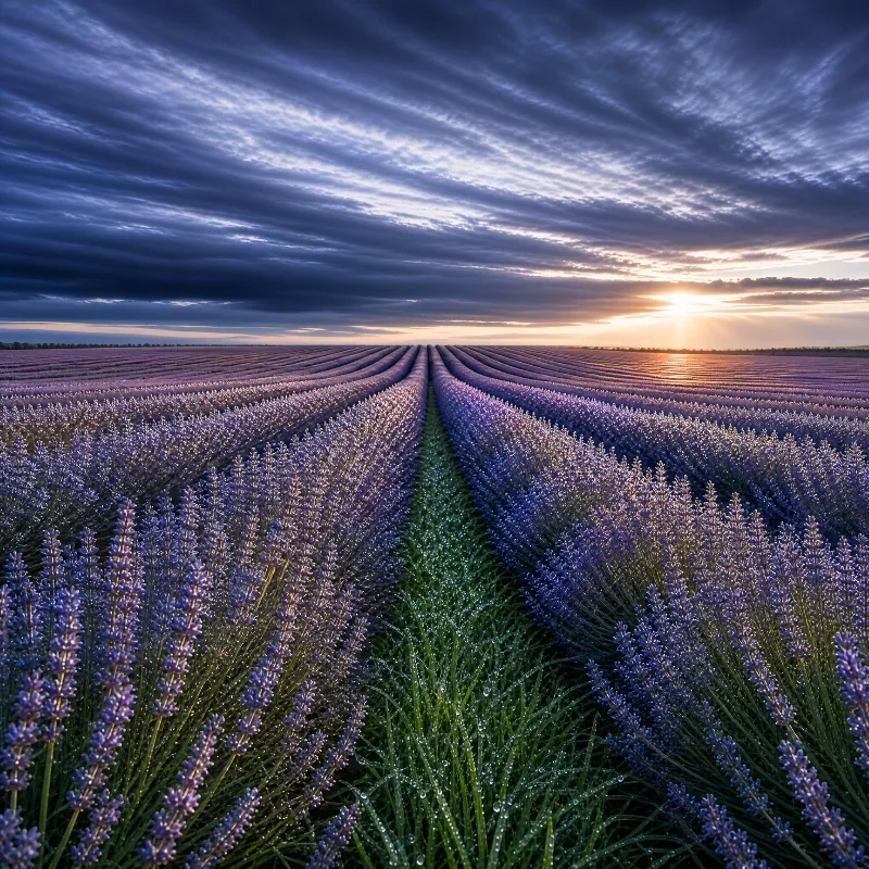 Rows of purple lavender stretch to the horizon under a dark cloudy sky as the sun sets on the right, casting warm light over the field