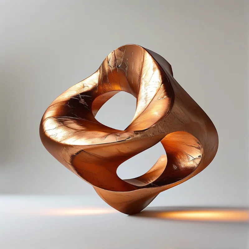 A polished copper form curls into an abstract knot with two hollow voids, lit from above against a grey studio backdrop