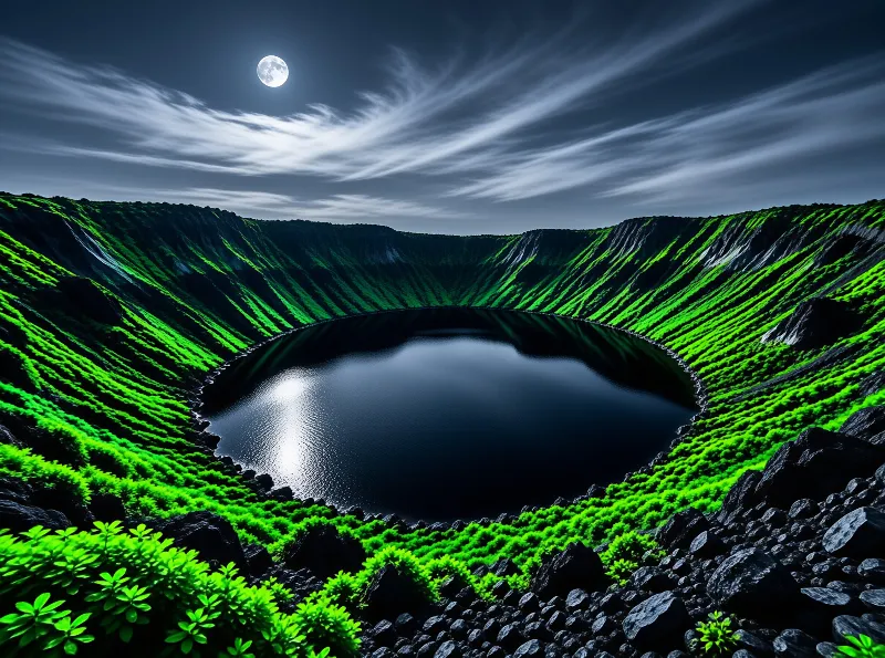 A dark lake sits within a steep green crater while a bright moon casts reflections on the calm surface.
