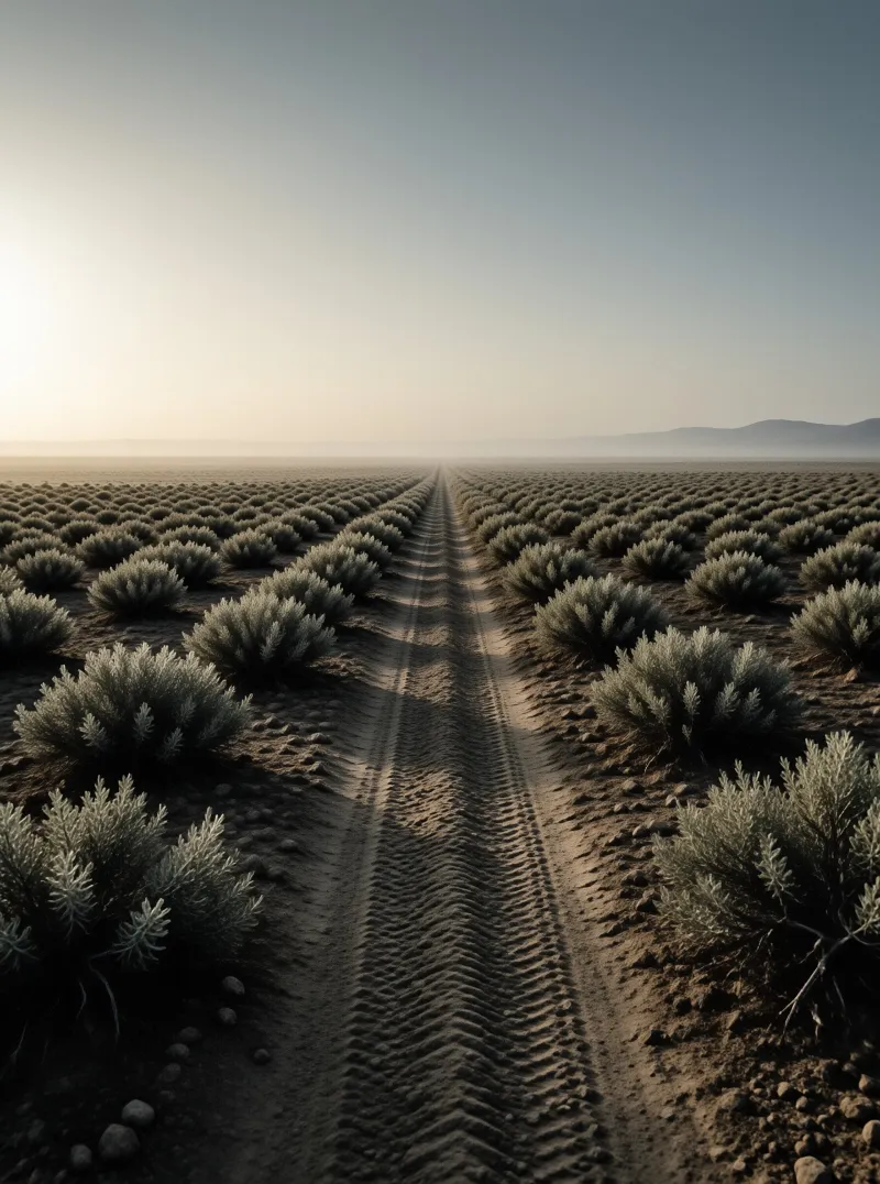 Deep tire tracks cut through endless rows of silver shrubs in a hazy desert plain during the golden hour.