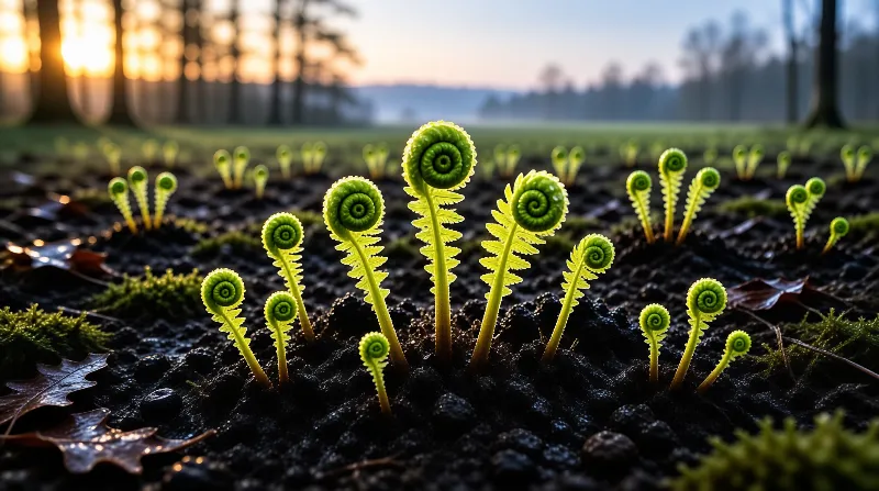 A macro view of young fern fiddleheads rising from dark soil, with a softly blurred golden forest background at sunset.