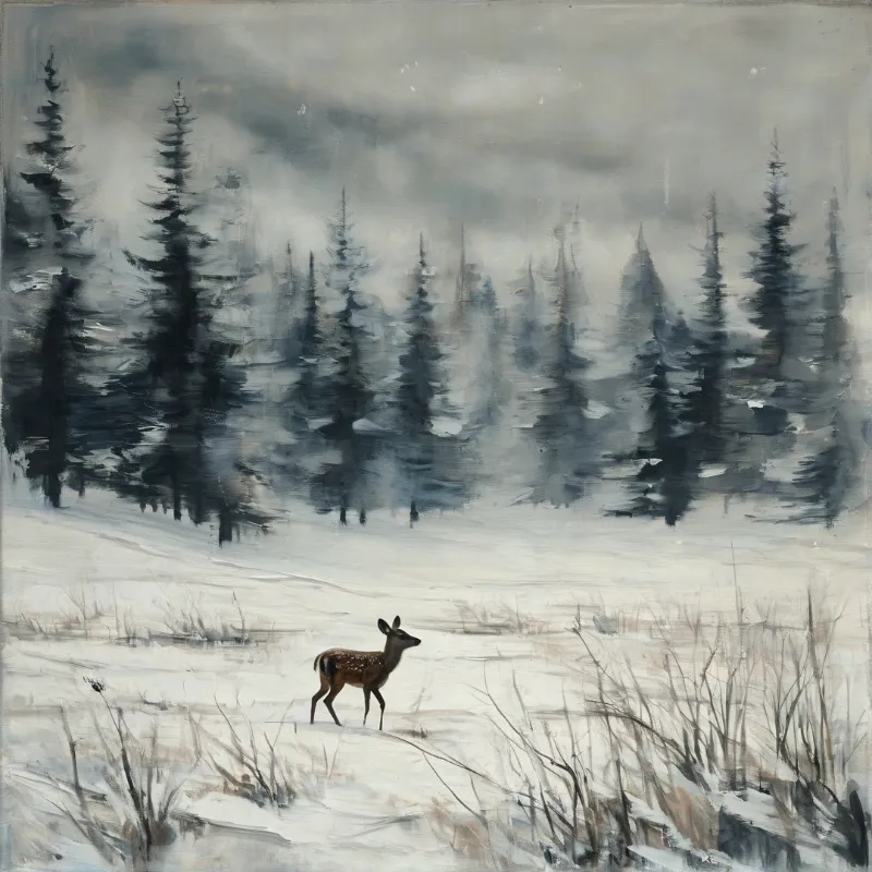 A solitary spotted deer stands in a snow-covered field with dark pine trees fading into the mist.