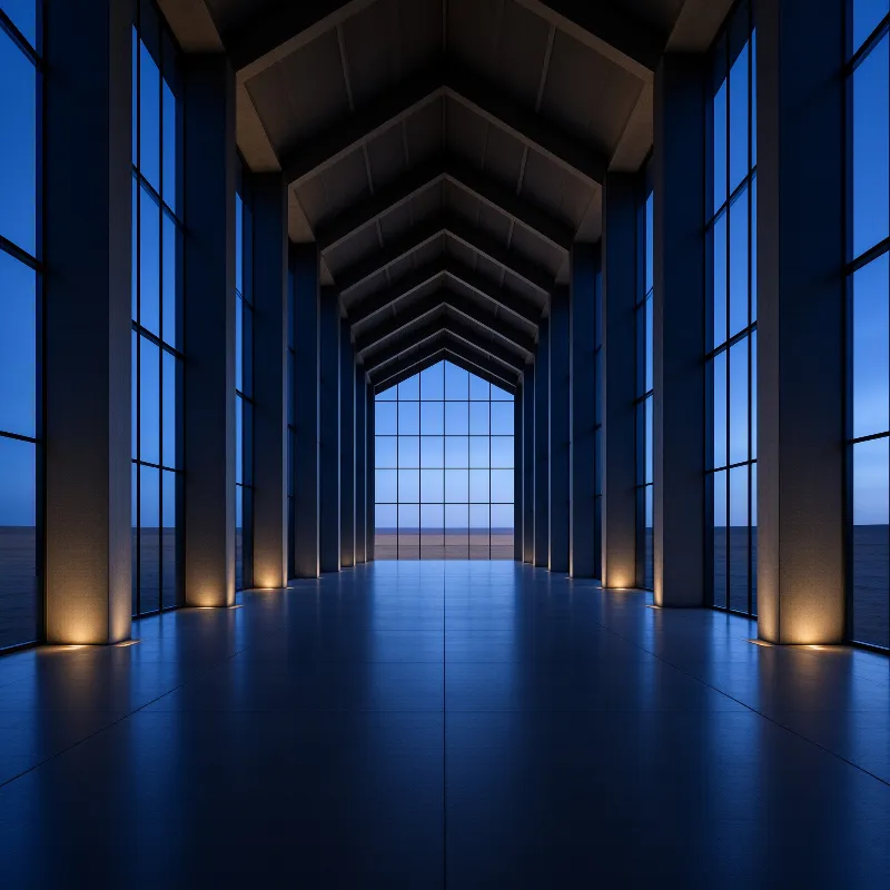 A symmetrical modern interior with tall windows revealing a flat landscape under a deep blue evening sky.