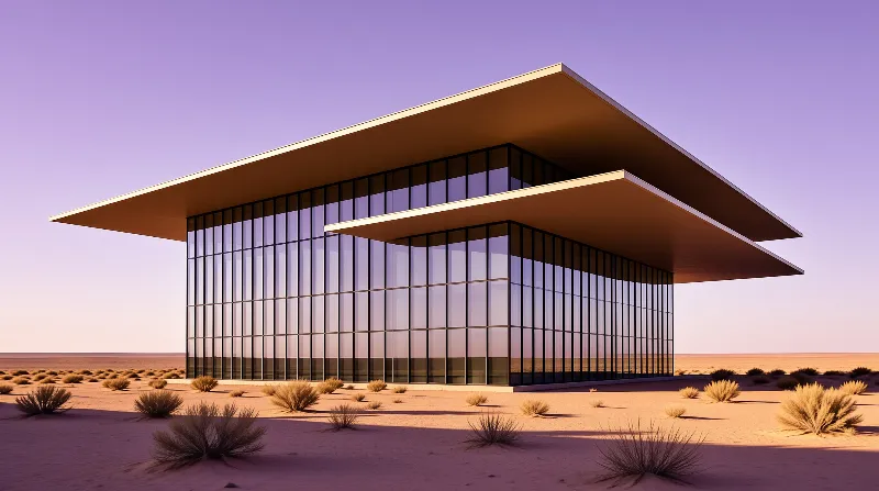 A rectangular building with floor-to-ceiling windows sits alone in a sandy landscape beneath a lavender sky.