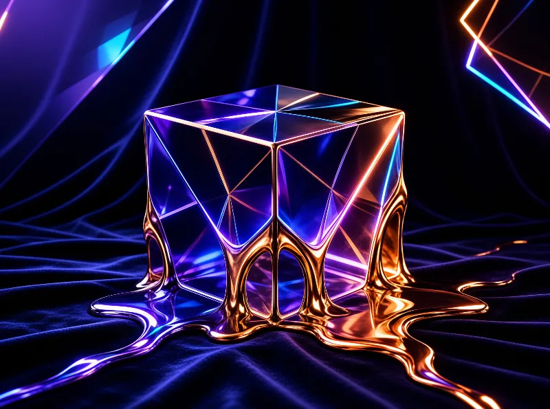 A faceted object with a liquid gold base sits on dark blue fabric under purple and blue neon lights.
