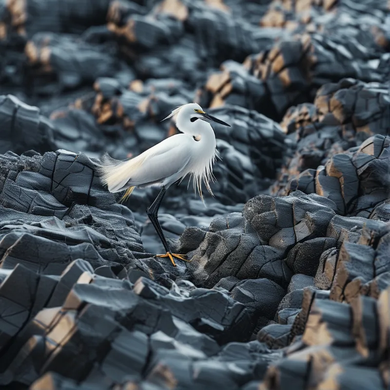 A white egret with long plumes and yellow feet stands on dark blocky rocks in a cool-toned natural setting.