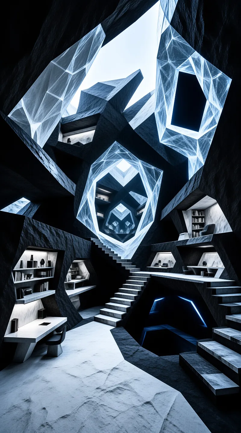 A futuristic interior featuring angular bookshelves and stairs illuminated by cool blue light streaming through large polygonal windows.