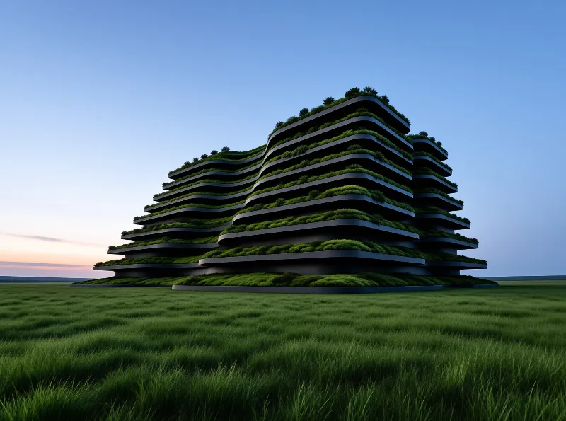 A massive tiered structure covered in vegetation stands alone in a wide meadow under a clear blue sky.