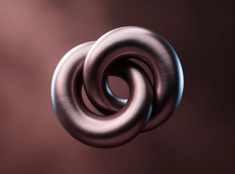 Two linked brushed metal tori float against a smooth brown gradient with soft highlights.