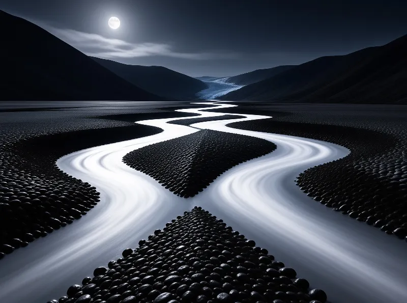 A silvery river meanders across dark volcanic rocks beneath a glowing moon in a valley.
