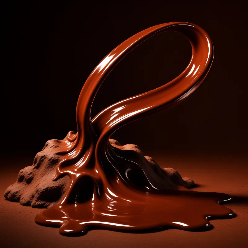 A thick ribbon of shiny brown liquid curves in the air above a pile of textured powder on a dark surface