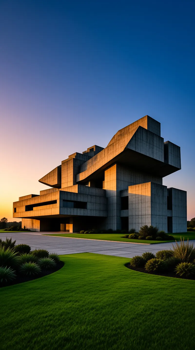 A geometric brutalist concrete building glows with warm evening light against a clear gradient sky above a lawn
