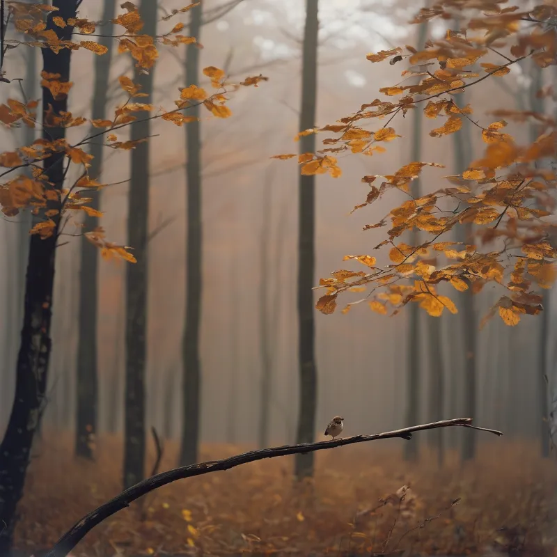 A tiny bird perches on a dark branch amidst amber leaves and vertical tree trunks fading into heavy mist.