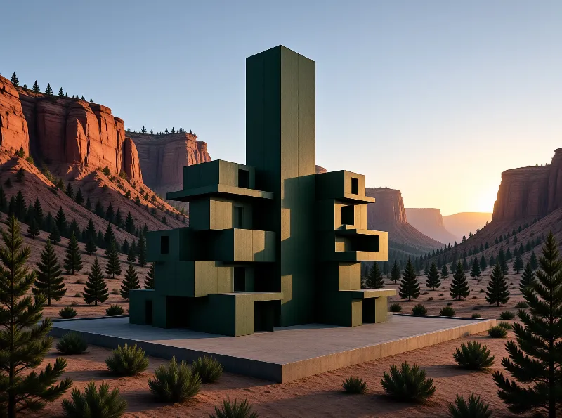A blocky green structure rises in a desert valley surrounded by red rock formations and pine trees under golden light.