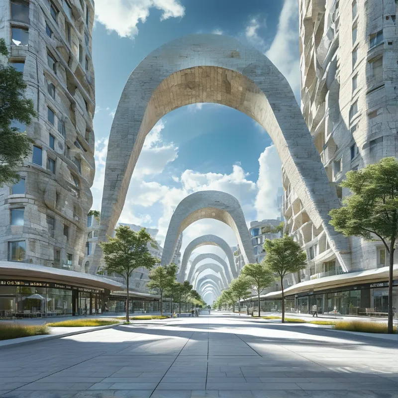 A sequence of massive white arches frames a sunlit urban avenue flanked by tall stone buildings and scattered trees under a clear sky.