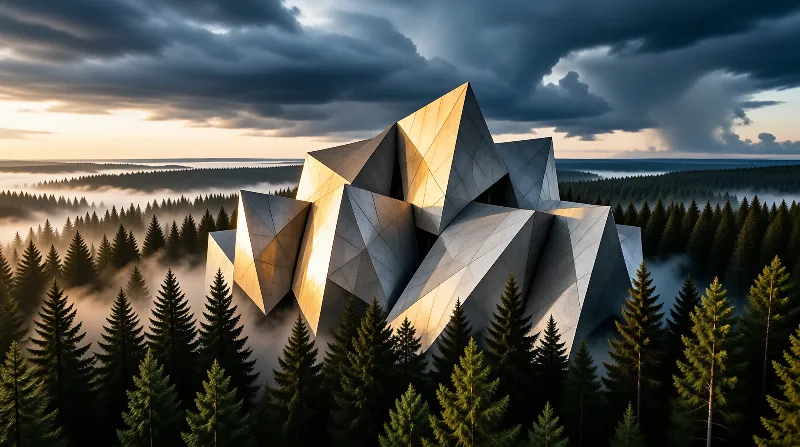 A faceted metallic structure catches low sunset light while fog drifts through a dark spruce forest under storm clouds.