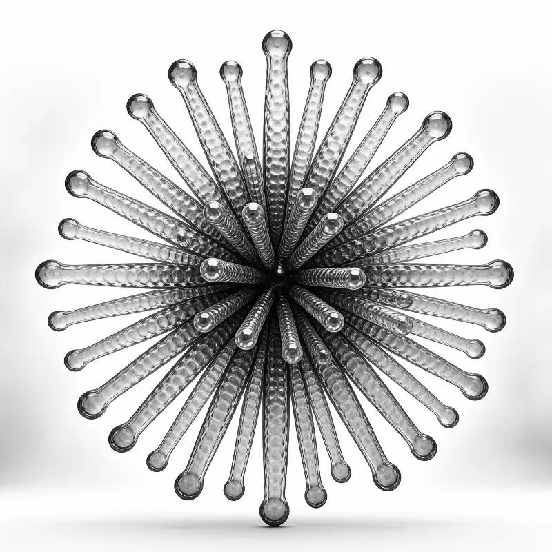Radial arrangement of beaded glass rods with rounded tips arranged on a plain white surface with soft lighting