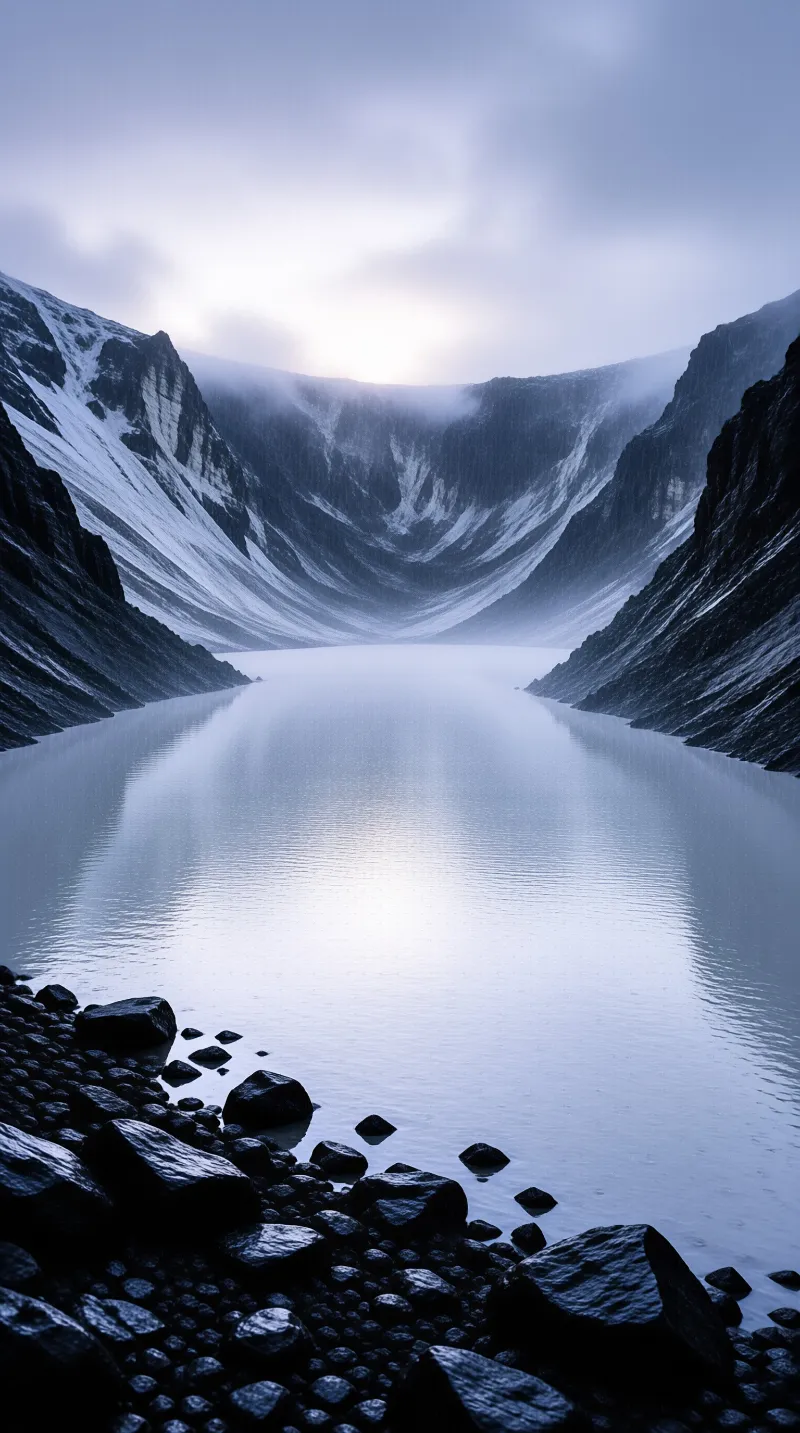 A calm alpine lake stretches between steep snow-streaked mountains under a soft overcast dawn sky, with dark wet rocks lining the near shore.