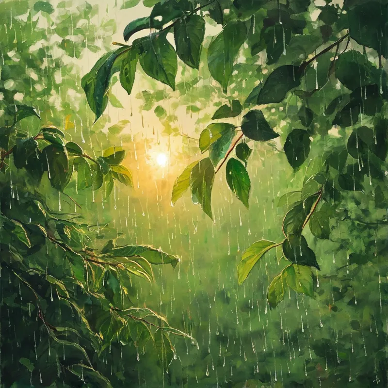 Impressionistic painting of fresh foliage with sunlight glowing through the canopy as rain streaks down between the leaves.